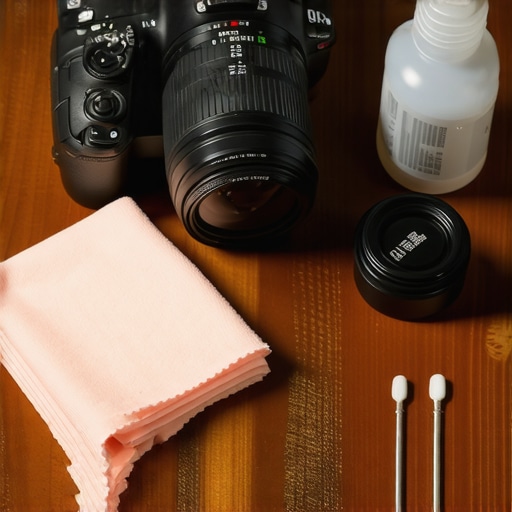 Professional camera cleaning tools arranged on a desk for equipment care.