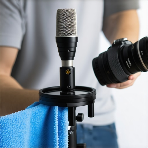 A creator carefully cleaning microphone and camera lenses, emphasizing the importance of equipment upkeep.