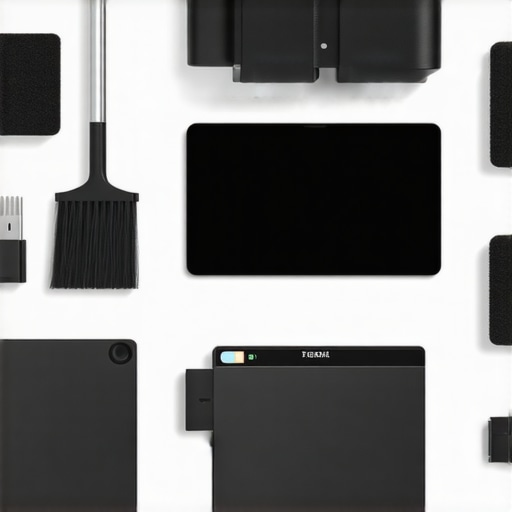 A workspace featuring cleaning brushes, external SSD, and calibration tools for maintaining camera and audio gear.
