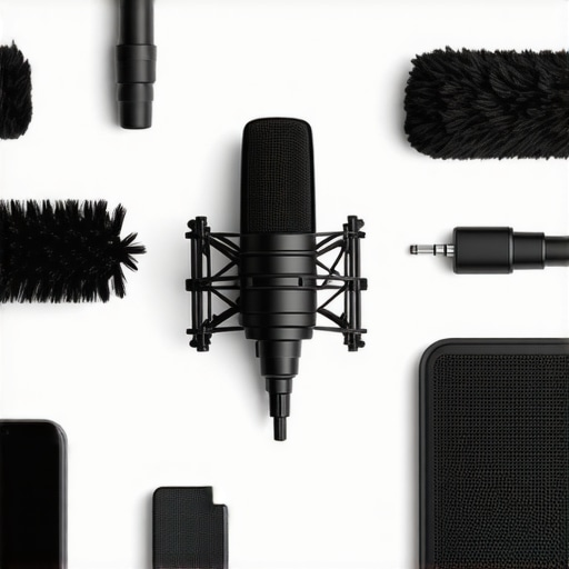 Microphone, cleaning cloth, and organized cables on a creator desk