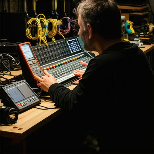 A technician carefully inspecting studio camera and lighting gear during routine maintenance