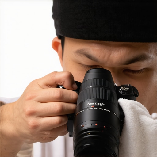 A creator carefully cleaning camera lenses with microfiber cloth in a professional studio setting