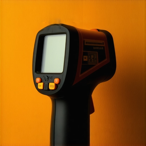 A hand holding a digital infrared thermometer pointing at a studio LED light to check temperature, demonstrating maintenance equipment for content creation studios