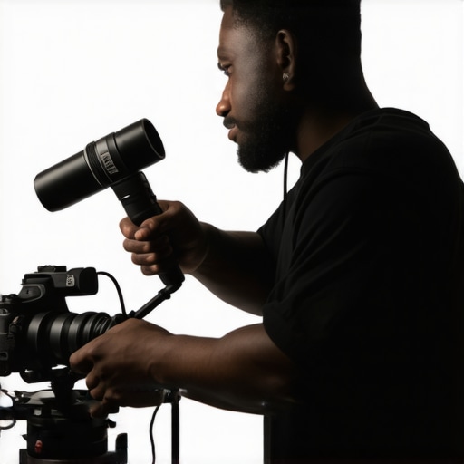 Content creator maintaining equipment in a professional studio setup.