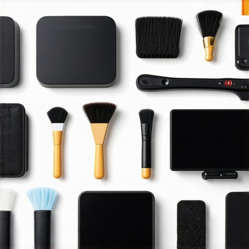 Long-term gear maintenance setup A workspace featuring microphones, cameras, cleaning kits, and calibration tools for content creators