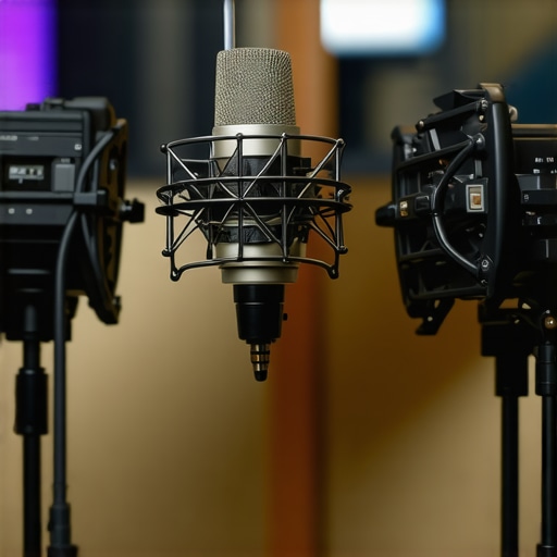 Technician cleaning microphones and adjusting studio lighting equipment