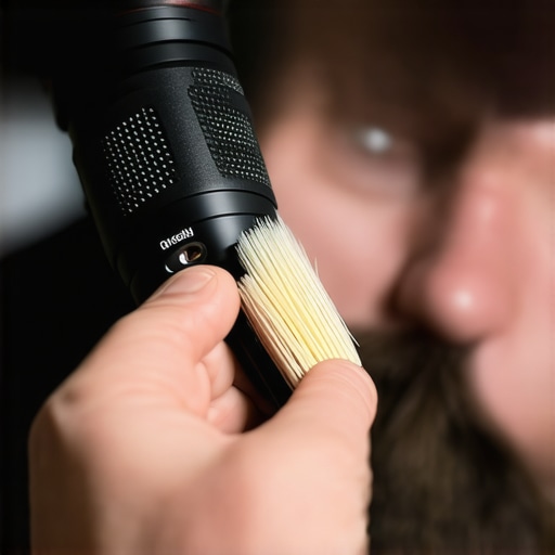 Person cleaning camera lens and microphone in a studio setting