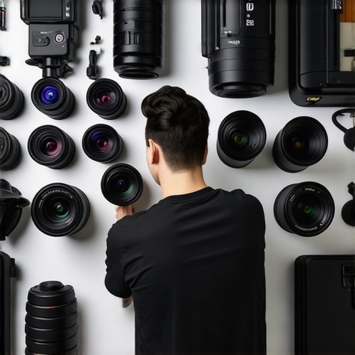 A content creator maintaining their studio equipment with tools like a compressed air blower and cable clips.