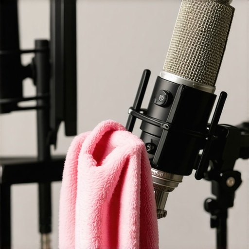 A person cleaning a microphone with a microfiber cloth in a studio environment