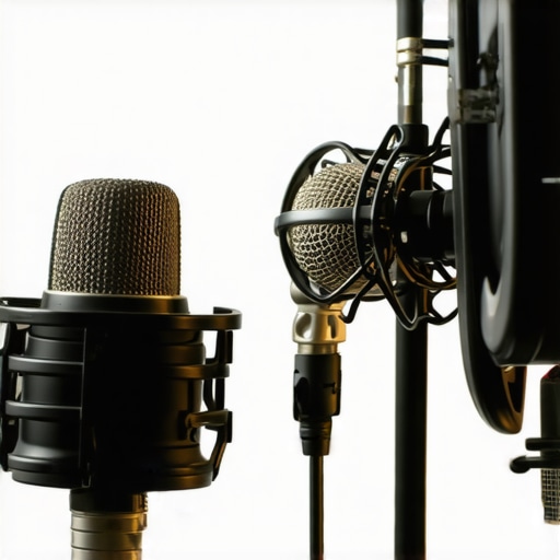 Microphone placement in a home studio Creator positioning microphone with foam panels around for better acoustics.