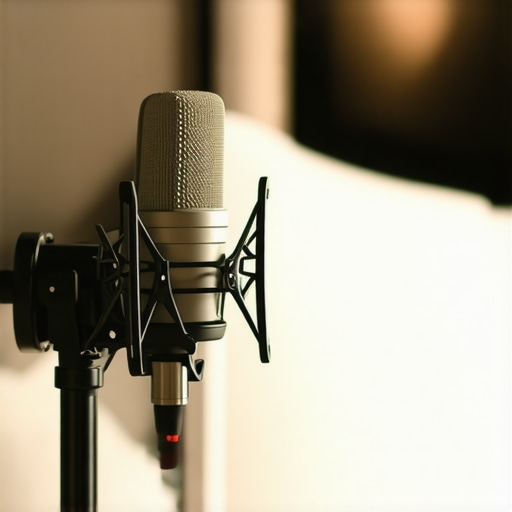 Microphone setup with a pillow behind to absorb sound reflections