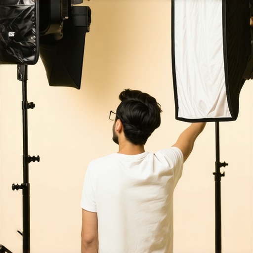 Person setting up softbox lights in a professional creator studio environment.