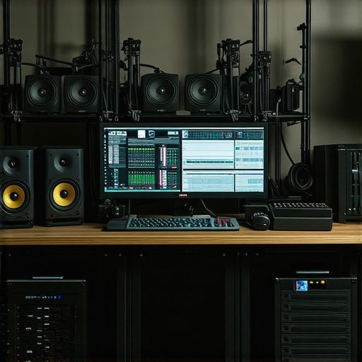 Organized Creator Studio with Maintained Equipment A clean and organized creator studio showcasing well-maintained camera, microphone, and lighting gear.