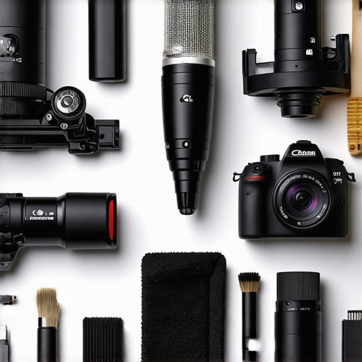 A tidy creator studio with clean, well-maintained microphones, camera gear, and cleaning tools.