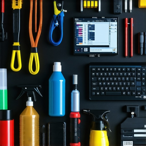 Organized Creator Workspace with Maintenance Tools A tidy content creator desk showing cable ties, cleaning kit, and monitoring system
