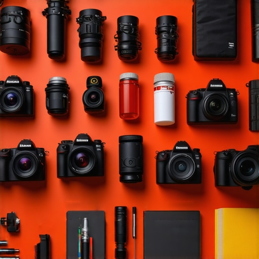 A neat workspace showcasing camera gear, microphones, and studio lights surrounded by cleaning supplies and tools for maintenance.