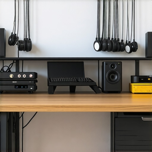 A clean workspace with cables neatly managed with binder clips, enhancing studio aesthetics.