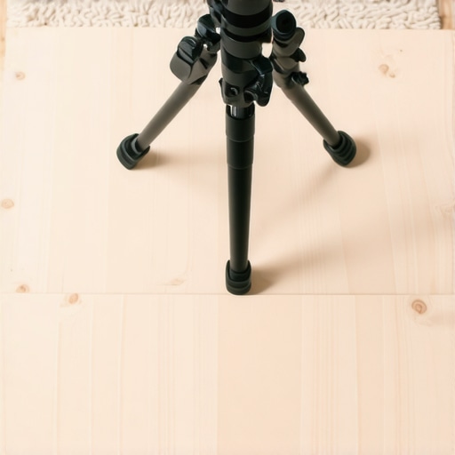 Tripod stabilized on plywood base placed on a thick carpet
