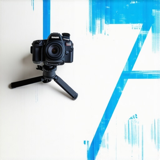Close-up of painter's tape guides on floor and tripod for camera positioning