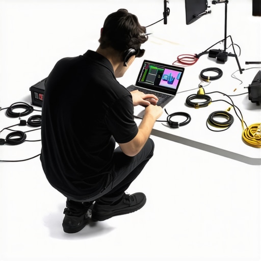 Professional Creator Maintenance Scene Technician inspecting studio lighting and gear in a creator's workspace.