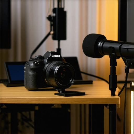 A well-organized content creator studio featuring durable camera gear, microphone, and lighting in a modern setup.