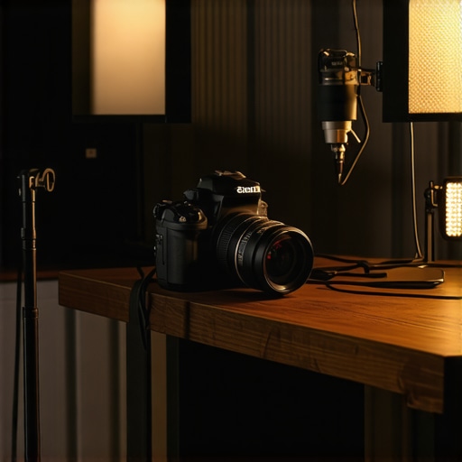 Professional Studio Setup A tidy, well-lit creator's studio with camera, microphone, and lighting gear arranged neatly