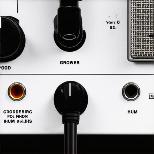Close-up of audio interface and microphone with grounding cables