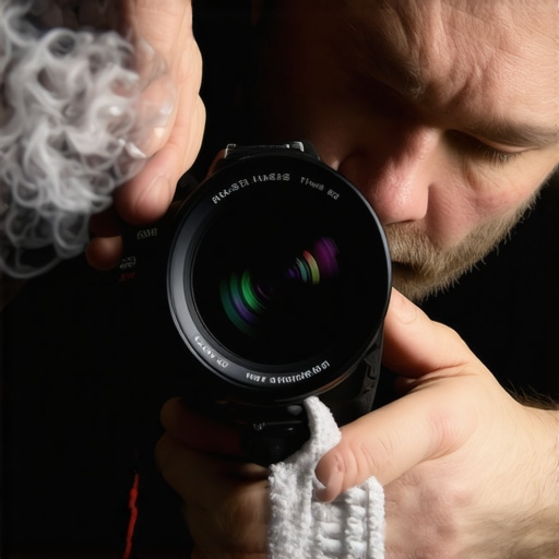 Photographer cleaning camera lens with microfiber cloth and blower in studio environment