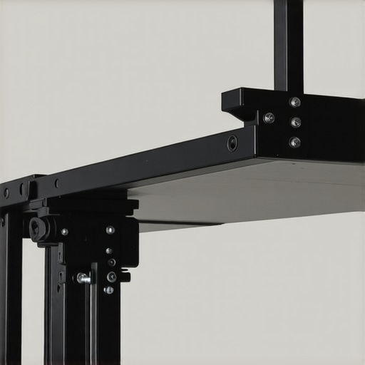 A durable metal shelf bracket supporting a camera rig in a creator's studio, with organized cables.