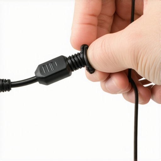 Close-up image of a hand applying a rubber band to HDMI cable to prevent slipping.