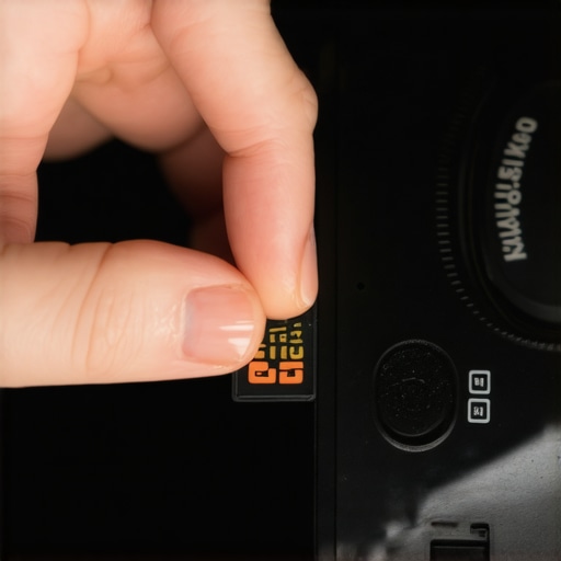 Close-up image showing a hand taping a camera's SD card compartment to prevent accidental opening.