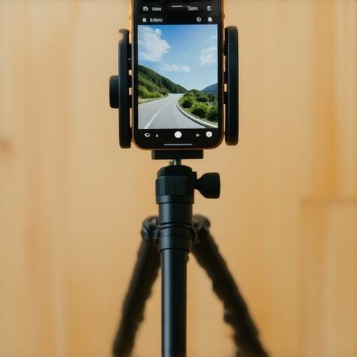 Smartphone mounted for video monitoring Smartphone mounted on a clamp attached to a tripod for live shooting monitoring.