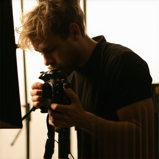 Photographer adjusting camera focus with tripod and studio lighting