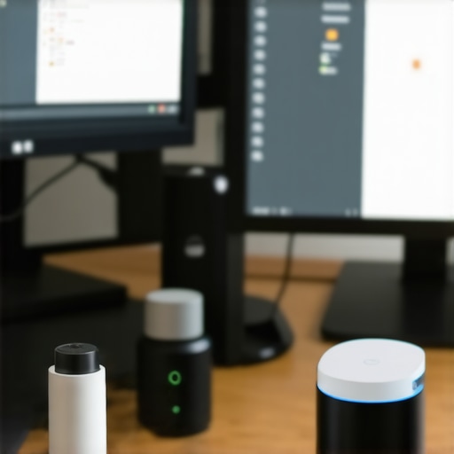 A professional content creator's desk with cleaning supplies, firmware update displays, and environmental monitoring devices.