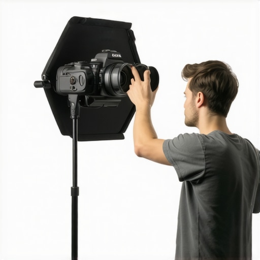 Person adjusting a mirror in a studio to bounce light onto background