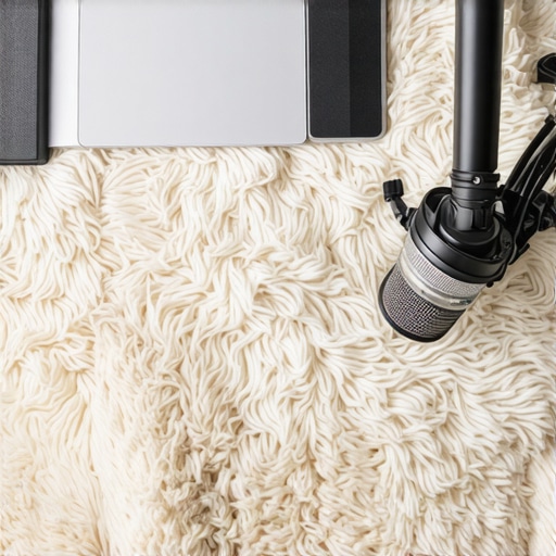 A thick shaggy rug placed under a desk to absorb sound reflections in a hardwood floor studio setup.