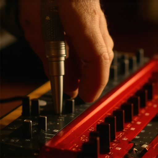 Adjusting audio interface gain for professional sound quality A hand turning the gain dial on a professional audio interface in a home studio.
