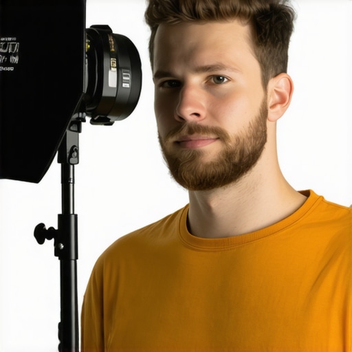 Creator adjusting studio light height to achieve professional eye reflections.