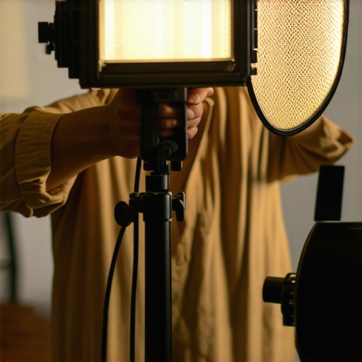 A content creator setting up key lighting to improve autofocus contrast.