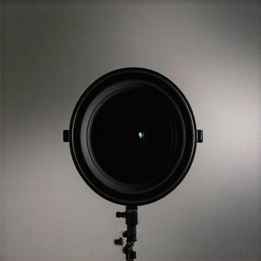 Close-up of a professional camera lens reflecting studio lighting in a creator setup