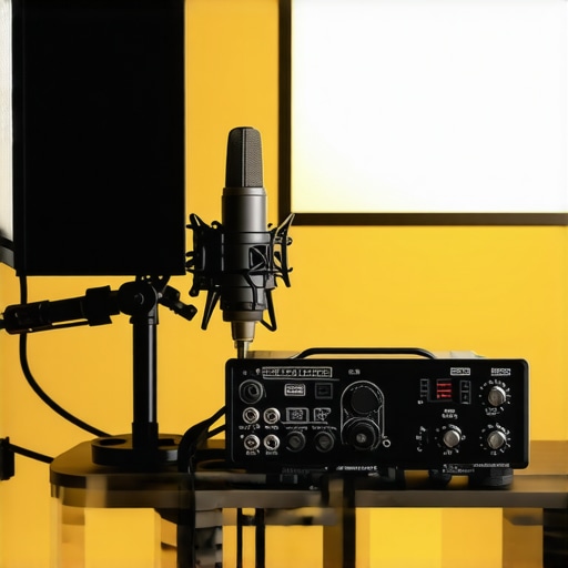 A professional studio setup showing a dynamic microphone and cinematic key lighting for content creation.