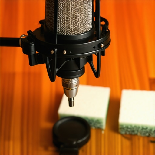 Close up of a microphone with proper shock mount tension and cable slack for noise reduction.