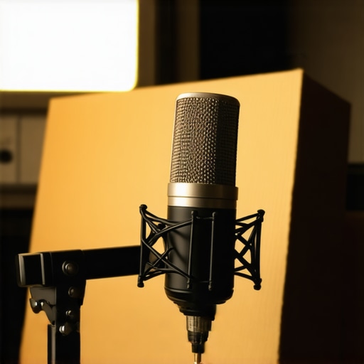 Close up of a professional microphone in a treated home studio showing acoustic baffles