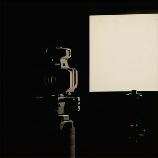 A professional camera lens positioned behind beam-splitter glass for a content creator studio setup.