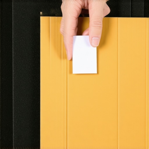 A hand attaching a Command adhesive strip to the cardboard backing of an acoustic foam panel for damage-free wall mounting.