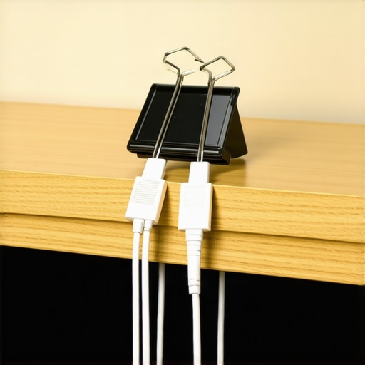 Large binder clip holding audio and data cables on a desk edge