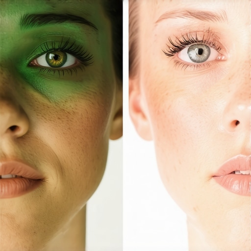 A split screen showing the difference between low quality green-tinted LED light and high-quality professional lighting for skin tones.