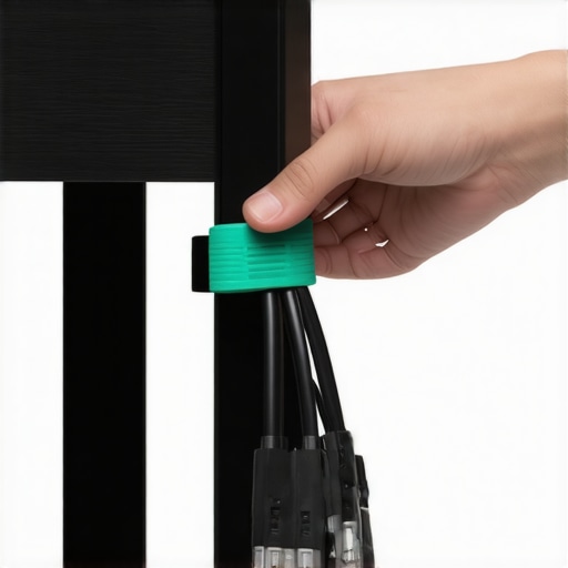 Professional studio cable management using soft garden ties to create a slack loop on a desk.