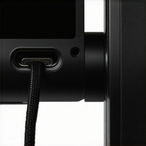 A close-up showing a rubber band used as strain relief for a camera HDMI cable to prevent signal loss.