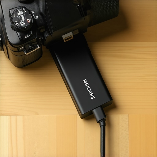 Close-up of a dummy battery being used in a mirrorless camera to prevent overheating.